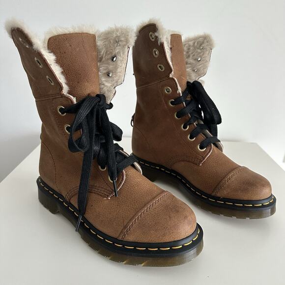 Dr Martens Aimilita Boots Women 8 Brown Leather Lace Up Fur Lined Grizzly Tan 39 - Picture 5 of 11